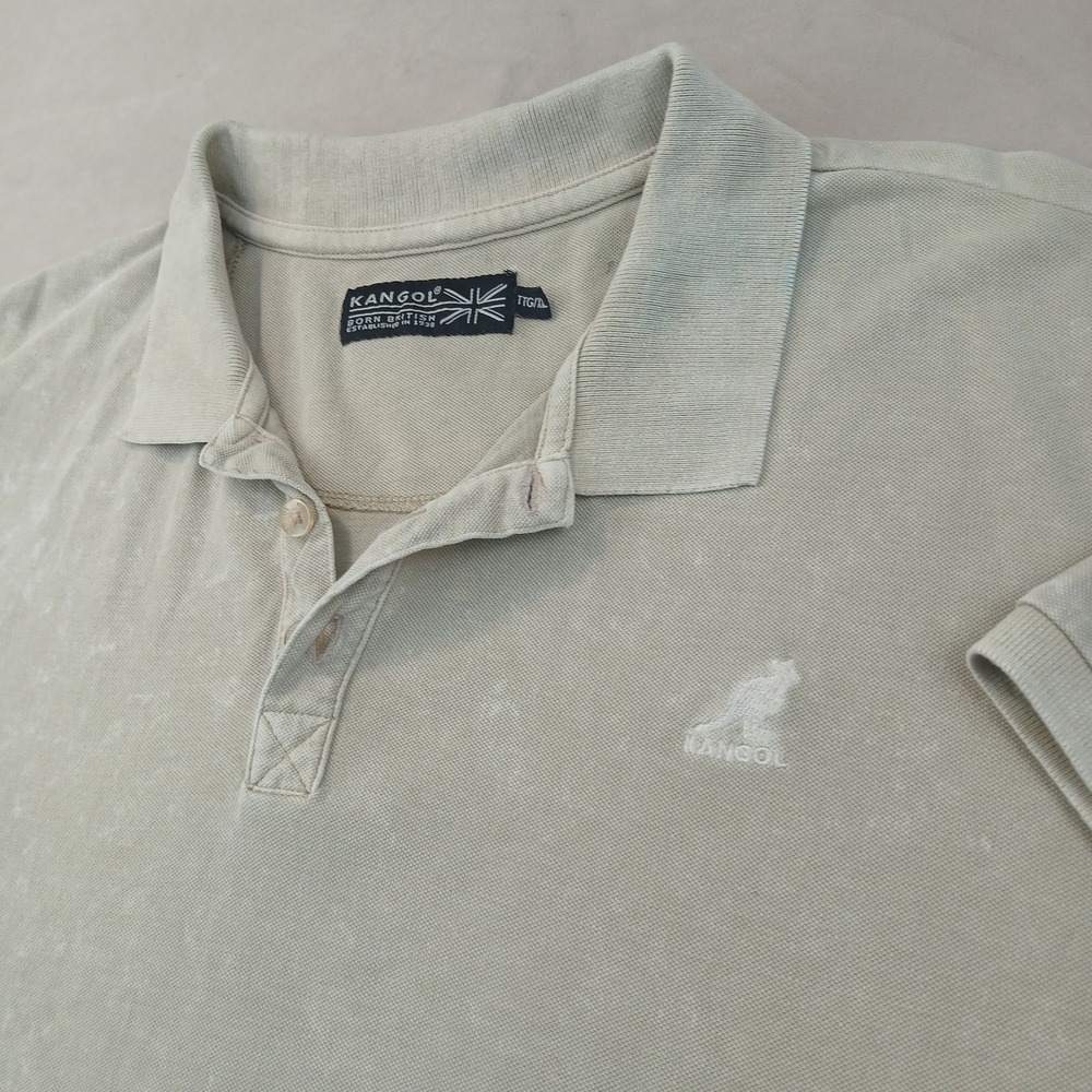 Kangol‎ 2XL Mens Polo Shirt Beige 25x29 Faded Distressed Look Pique Knit